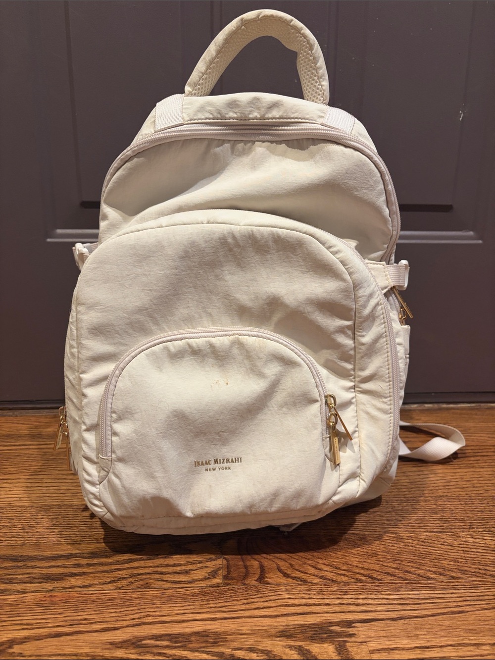 Isaac Mizrahi Cream Nylon Backpack with Gold Hardware